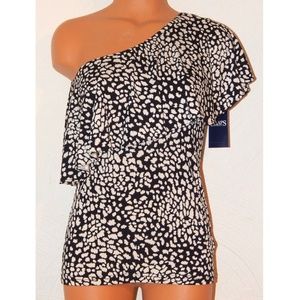 Chaps One Shoulder Ruffle Top Black Natural NWT